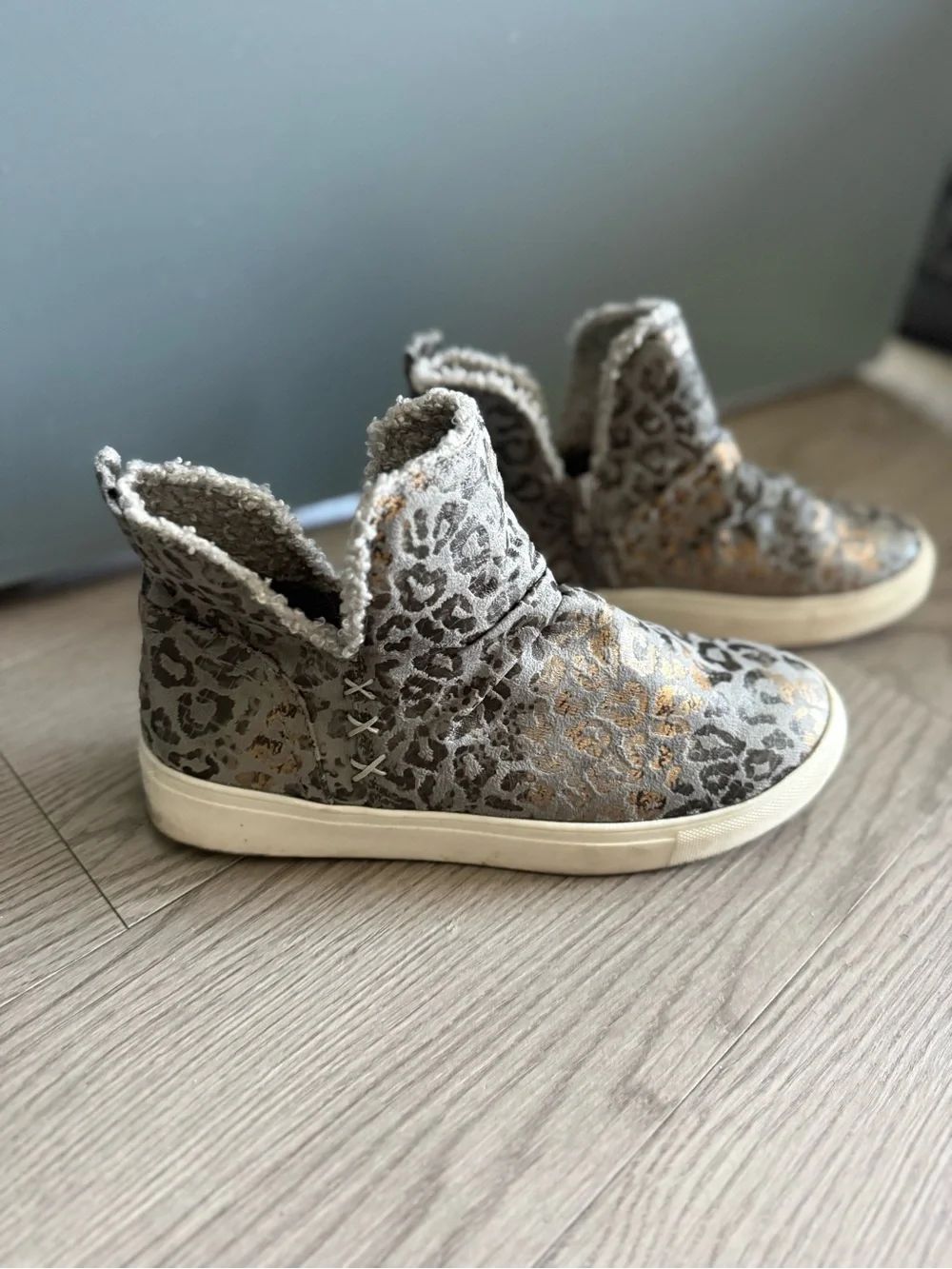 Leopard Print High-Top Slip-On Sneakers in Sage and Gold